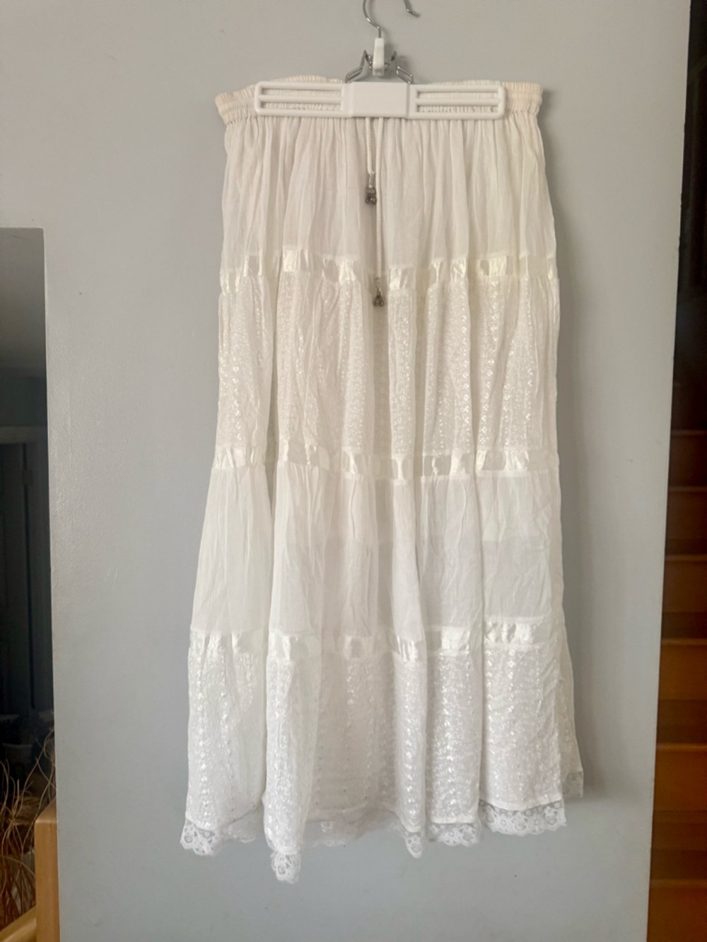 Unique Vintage White Ribbon Lace Maxi Skirt - Boho Cottagecore